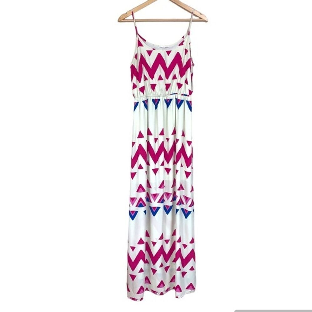 PEACH LOVE CALIFORNIA Maxi Dress Women’s Large Summer White Pink Geometric Flowy